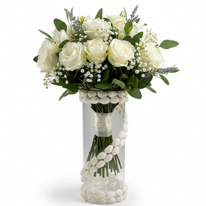 Glass vase with seashells ornaments