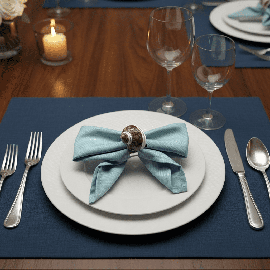 Elegant table setting with blue napkin and candlelight.