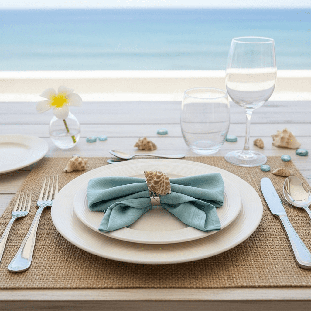 Elegant beachside table setting with ocean view.