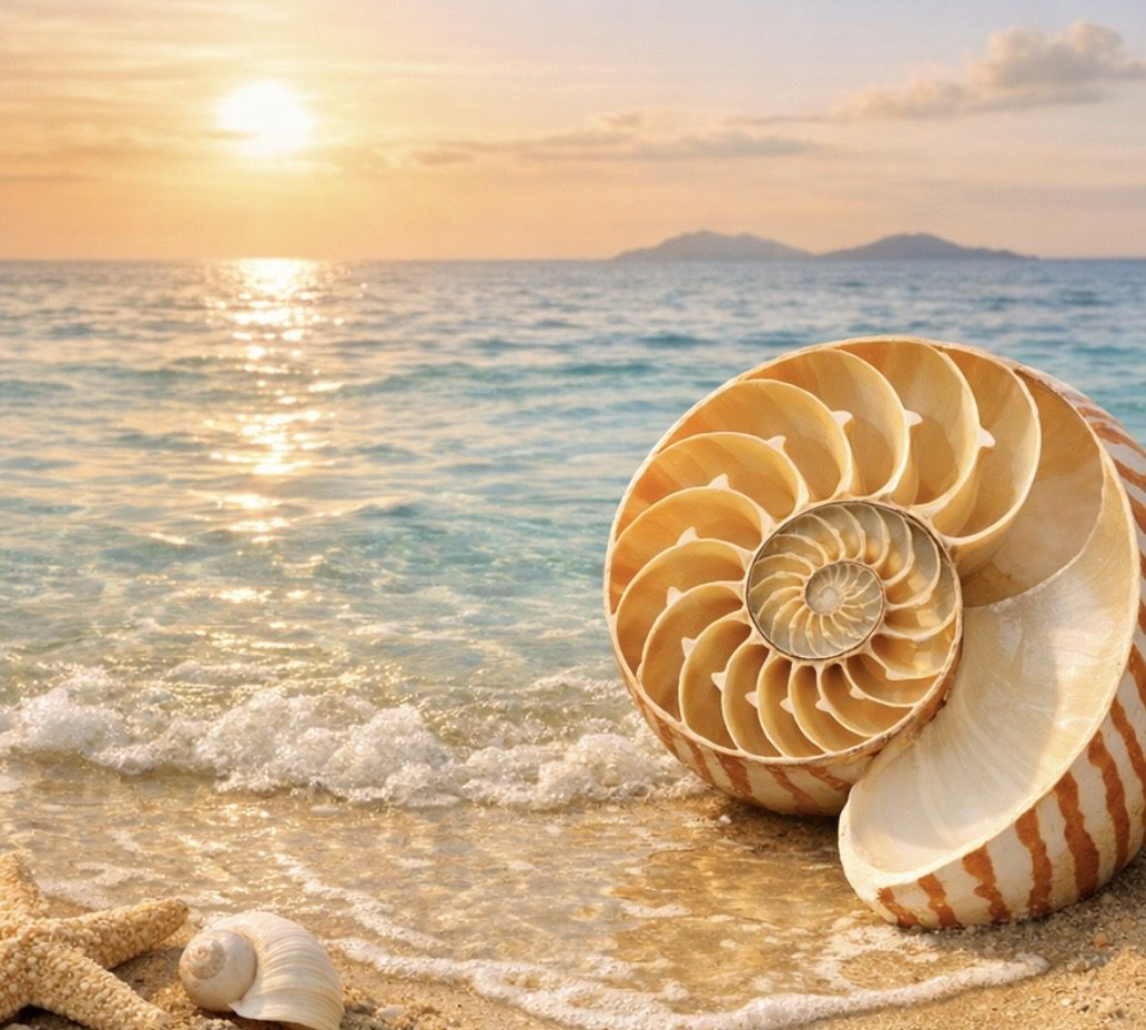 A nautilus shell on a sandy beach during sunset.